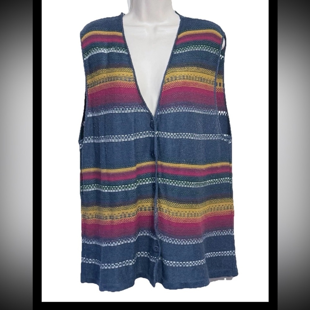 Women’s Tight Knit L Rainbow Striped Mexican Sweater Vest Button Down Casual